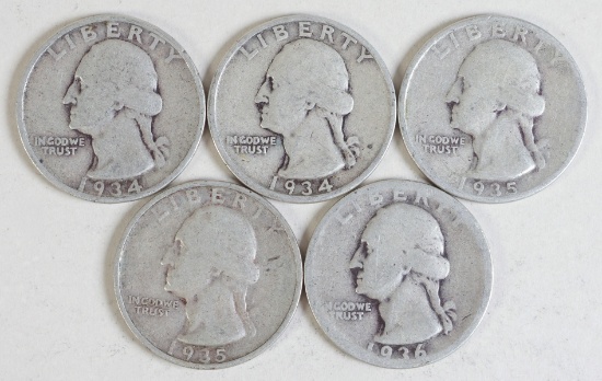 5 Washington Quarters, Various Dates/Mints