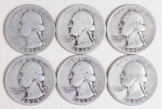 6 Washington Quarters, Various Dates/Mints