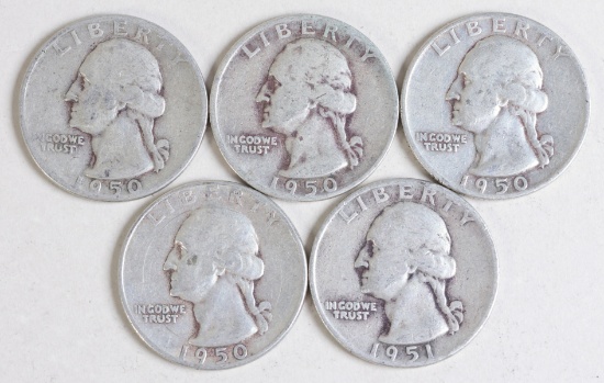 5 Washington Quarters, Various Dates/Mints