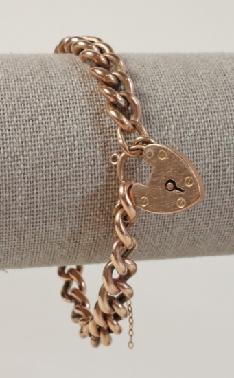 Antique 9ct. Bracelet w/ Lock Pendant - Clasp, 13.6 Grams