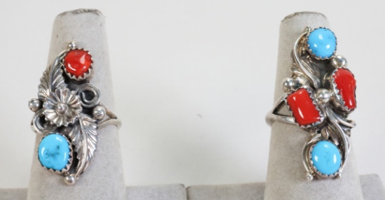 2 Southwest Style Rings w/ Turquoise & Red Coral Style Stones, Sizes 4 3/4 & 5