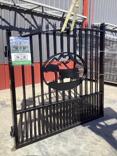 Unused 2024 Greatbear 14ft Bi-Parting Iron Gate w/ Ox artwork at center
