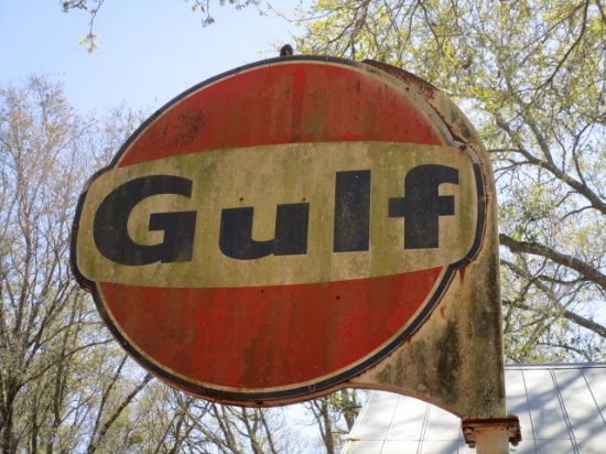 Gulf 72" Porcelain Signs (2) Single Sided, with 11' Sign Pedestal Metal, 4 Bolt Base Flange