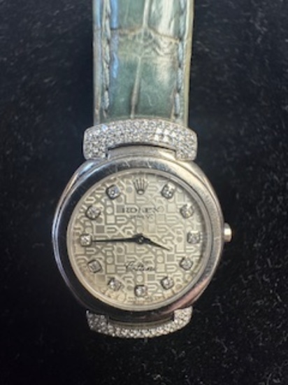 Rolex Lady's 18k White Gold Diamond Cellini Watch Crocodile Strap
