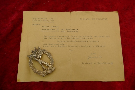 WWII German Infantry Assault Badge w/Document
