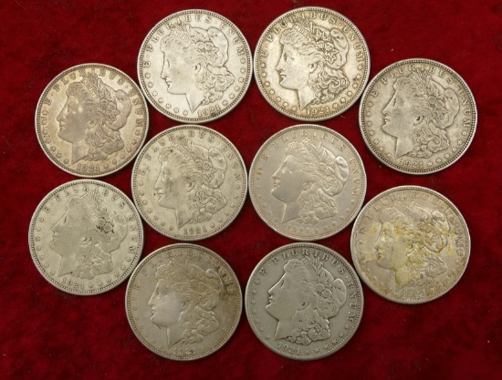 Lot of 10 US 1921 Morgan Silver Dollars