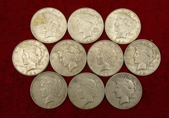 Lot of 10 1922 & 1923 Peace Silver Dollars