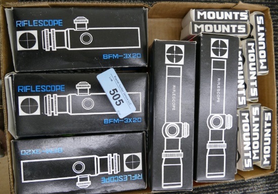 Box of Rifle Scopes & Mounts