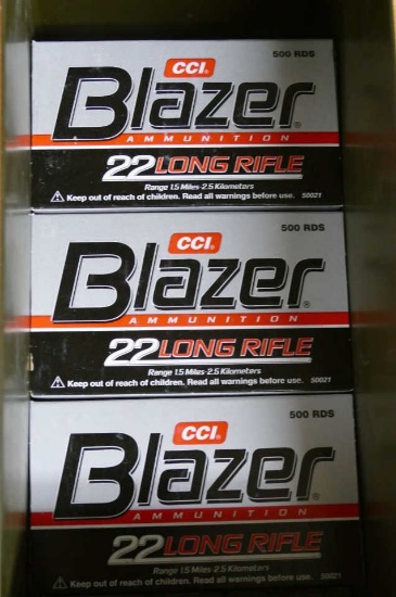3 Bricks(1500 rds) of CCI Blazer 22LR Ammo