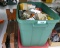 Large Tote of Various Tin Powder Cans & Gun Rest