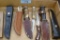 Box lot of Vintage 7 Hunting Knives w/stone