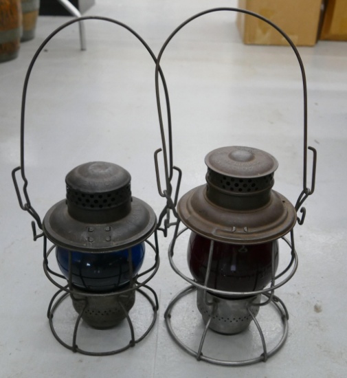 Pair of Embossed Blue & Red Globe RR Lanterns
