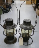 Pair of Embossed Santa Fe & C & N. W. RR Lanterns