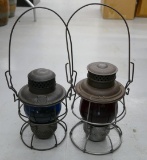 Pair of Embossed Blue & Red Globe RR Lanterns