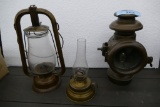 3 Kerosene Lanterns & 1 Brass Car Light