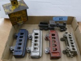 Lot of small Cast Iron Toy Trains & Bank