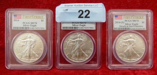 3 -2014 MS70 US Silver Eagle Coins