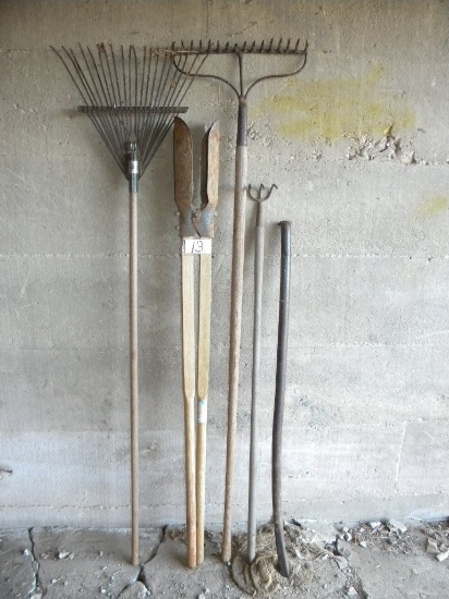 Yard Tools= Post Hole Digger; Cultivator; Pair Of Rakes; Cultivator.