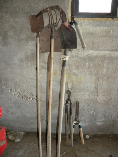 Yard Tools= Pair Hand Scythes; 3 Shovels; Cultivator; Branch Trimmer; Hedge