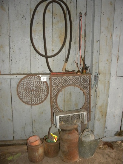 Pair Of Metal Floor Grates; Bowman Dairy Cream Can; Water Can; Rodent Trap;