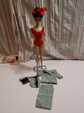 Vintage Brunette Ponytail Barbie With Original Stand, Red Swimsuit & 4 Piece Tagged Dress Outfit!!