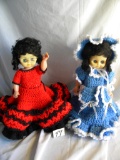 Pair of Open & Closed Eye Dolls with Red and Blue Crochet Dresses & hats, R