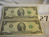 Pair Of 2 Dollar Bills=j00502126a, 2003a; G13630407a, 2003; Both Bank Of Ka