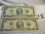 Pair Of 2 Dollar Bills=j05332242a; 2003a F03772670a, 2003a; Both Bank Of At