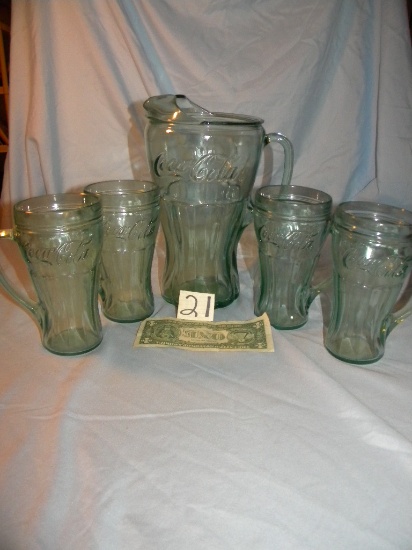 Coca Cola= 2 Qt Pitcher W/4matching Water Glasses.