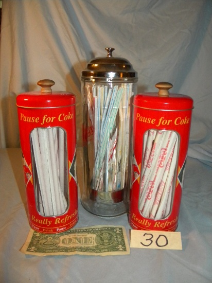 Coca Cola=2 Metal Drink Straw Dispensers; 1 Glass Metal Drink Straw Contain