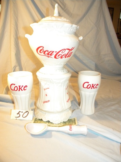 Coca Cola= Cookie Jar On Stand, 18"h; Pair Of Goblets, 8" X 3"; Plastic Ice