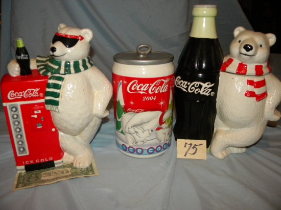 Coca Cola= "bear And Bottle", 13 1/2"h; "snowman W/dispenser",12"h; Pair Of