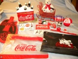 Coca Cola= Miniature Metal Sleigh; Pair Of Pencil Bags; Ceramic Ring Chest;