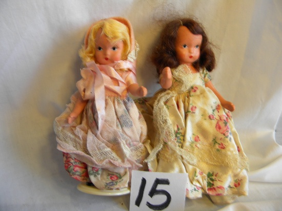 Pair Of Story Book Dolls With Painted Eyes, W/stand, 5"h.