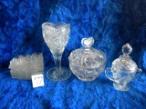 (6) Rectangular Etched Saucers; Chrystal Water Glass; Sugar Bowl W/lid.
