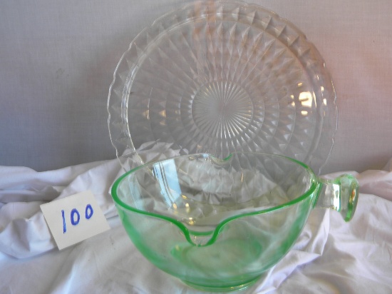 Serving Bowl. 4 1/2" X 9"d; Clear Sun Burst Pattern Cake Plate, 13"d.