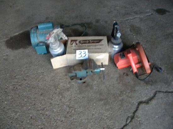 Pair Three-way Paint Sprayers; Bench Vice; 7 1/2" Skill Saw. 1/3h Elect. Mo