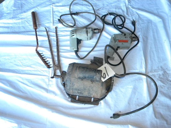 1/3 Hp Elect. Motor, Works; Pair 1/4" Drills, Works, Drill Bits.