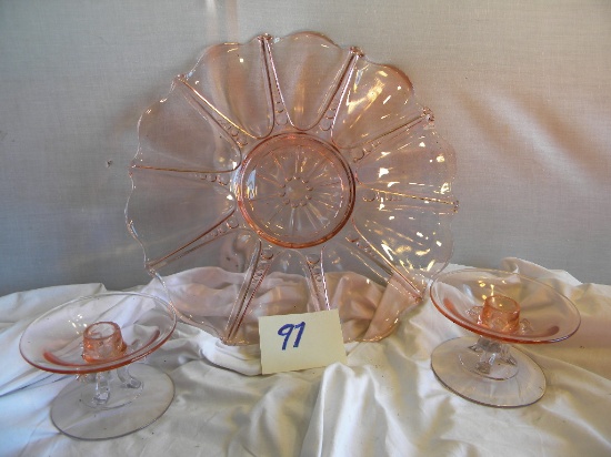 Platter, 13"d; Pair Of Candle Holders.