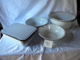 Enamel= White W/black Edge- Pair Wash Bowls; Dish Pan; Refry Pan W/lid; Chi