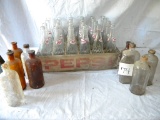 Pepsi Bottles, W/wood Crate; Old Vet Bottles- 4 Brown, 5 Clear.