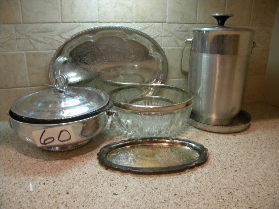 Aluminum Ice Bucket; Diamond Pattern Bowl; Serving Bowl W/spoon; Pair Recta