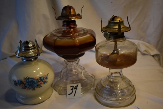 Three (3) Kitchen Oil Lamps, Lamp Right Farm, 7 1/2"; 9 1/2"; 10 1/2" H