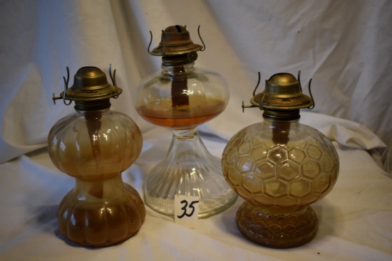 Three (3) Kitchen Oil Lamps, Lamp Right Farm, 8"h, 10"h, 11"h.