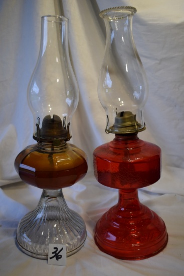 Pair (2) Oil Lamps, W/chimney, Both 18"h.
