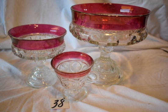 Cranberry Edge Ring, Stemmed Candy Dishes, 7"h&d; 6"h&d; Cup.