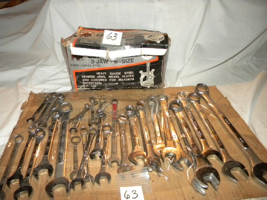 Twenty Seven (27) Open And Closed End Wrenches; 3-jaw Gear Puller.