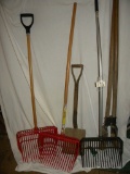 Pair Of Pooper Scoopers; Manger Rake; Hand Shovel; Post Hole Digger.