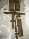 Pair Of Wood Planes; Wood Level; Barn Pin Auger; Measure Guage.