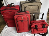 Advantage-brown suit Case, 3 red suitcases w cart